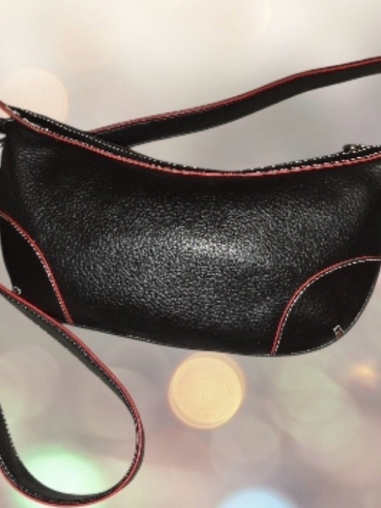 Tommy Hilfiger Black Pebbled Hobo Bag Red Trim Shoulder Purse